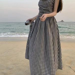 Strapless Pleated Plaid Maxi Dress - Y2K Aesthetic Fashion for Chic Outfits