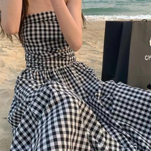 Strapless Pleated Plaid Maxi Dress - Y2K Aesthetic Fashion for Chic Outfits