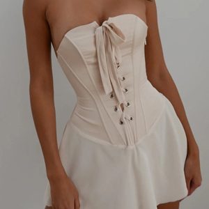 Strapless Ruched Corset Dress with Tie-up Detail for Y2K Fashion Aesthetic