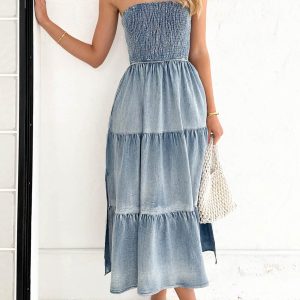 Strapless Tiered Denim Dress with Slit - Y2K Aesthetic Fashion for Trendy Outfits