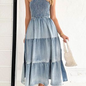 Strapless Tiered Denim Dress with Slit - Y2K Aesthetic Fashion for Trendy Outfits