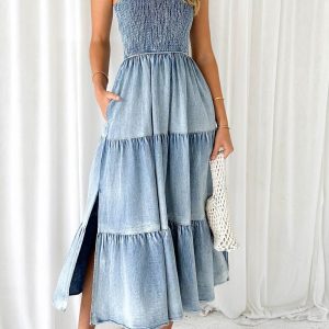 Strapless Tiered Denim Dress with Slit - Y2K Aesthetic Fashion for Trendy Outfits