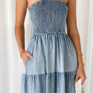 Strapless Tiered Denim Dress with Slit - Y2K Aesthetic Fashion for Trendy Outfits