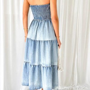 Strapless Tiered Denim Dress with Slit - Y2K Aesthetic Fashion for Trendy Outfits