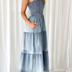 Strapless Tiered Denim Dress with Slit - Y2K Aesthetic Fashion for Trendy Outfits