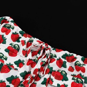 Strawberry Print Drop Shoulder Dress - Cute Y2K Aesthetic Fashion for Effortless Style