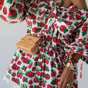 Strawberry Print Drop Shoulder Dress - Cute Y2K Aesthetic Fashion for Effortless Style