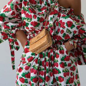 Strawberry Print Drop Shoulder Dress - Cute Y2K Aesthetic Fashion for Effortless Style