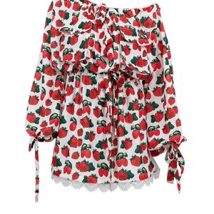 Strawberry Print Drop Shoulder Dress - Cute Y2K Aesthetic Fashion for Effortless Style