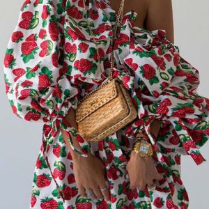 Strawberry Print Drop Shoulder Dress - Cute Y2K Aesthetic Fashion for Effortless Style