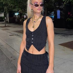 Stripe Print Y2K Aesthetic Women’s 2-Piece Irregular V-Neck Vest & Mini Skirt Set for Fall 2024