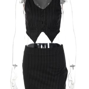 Stripe Print Y2K Aesthetic Women’s 2-Piece Irregular V-Neck Vest & Mini Skirt Set for Fall 2024