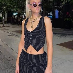 Stripe Print Y2K Aesthetic Women’s 2-Piece Irregular V-Neck Vest & Mini Skirt Set for Fall 2024