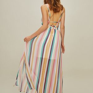 Stripe V Neck Backless Split Long Dress - Y2K Aesthetic Chic for Effortless Style