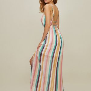 Stripe V Neck Backless Split Long Dress - Y2K Aesthetic Chic for Effortless Style