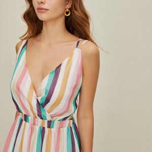 Stripe V Neck Backless Split Long Dress - Y2K Aesthetic Chic for Effortless Style