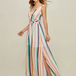 Stripe V Neck Backless Split Long Dress - Y2K Aesthetic Chic for Effortless Style