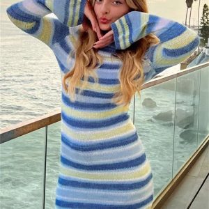 Striped Knit Beach Cover-Up Dress for Women - Long Sleeve Loose Backless Swimwear Knitwear