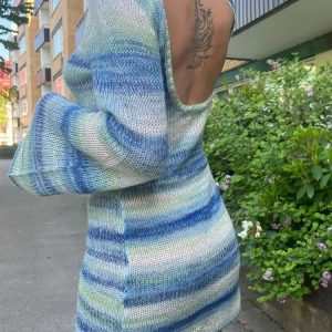 Striped Knit Beach Cover-Up Dress for Women - Long Sleeve Loose Backless Swimwear Knitwear