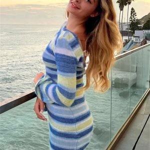 Striped Knit Beach Cover-Up Dress for Women - Long Sleeve Loose Backless Swimwear Knitwear