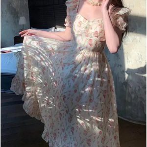 Summer 2024 Vintage Floral Print Dress for Women - High Waist Puff Sleeve Beach Aesthetic