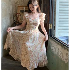 Summer 2024 Vintage Floral Print Dress for Women - High Waist Puff Sleeve Beach Aesthetic