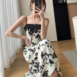 Summer 2024 Y2K Aesthetic Long Print Dress - Elegant Sleeveless Spaghetti Strap Style