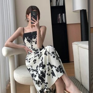 Summer 2024 Y2K Aesthetic Long Print Dress - Elegant Sleeveless Spaghetti Strap Style