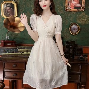 Summer Apricot Embroidery V-Neck Dress - Elegant Mid-Length Fairy Dress with Short Sleeves