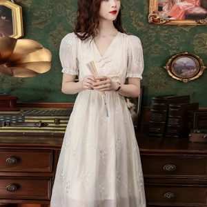 Summer Apricot Embroidery V-Neck Dress - Elegant Mid-Length Fairy Dress with Short Sleeves