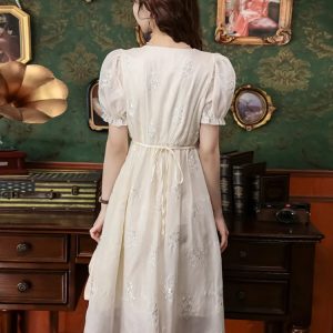 Summer Apricot Embroidery V-Neck Dress - Elegant Mid-Length Fairy Dress with Short Sleeves