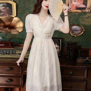 Summer Apricot Embroidery V-Neck Dress - Elegant Mid-Length Fairy Dress with Short Sleeves