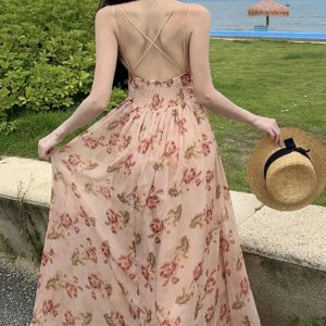 Summer Floral Spaghetti Strap A-Line Dress for Women - Backless Beach Party Style