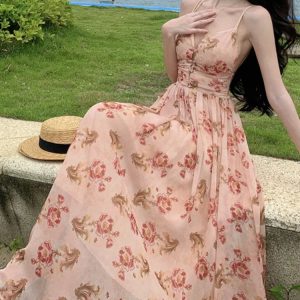 Summer Floral Spaghetti Strap A-Line Dress for Women - Backless Beach Party Style