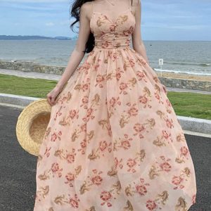 Summer Floral Spaghetti Strap A-Line Dress for Women - Backless Beach Party Style