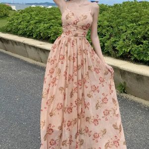 Summer Floral Spaghetti Strap A-Line Dress for Women - Backless Beach Party Style