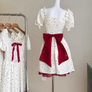 Summer New Sweet Mini Dress with French Square Collar & Bow - Elegant Vintage Party Dress