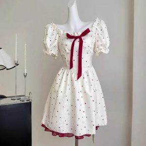 Summer New Sweet Mini Dress with French Square Collar & Bow - Elegant Vintage Party Dress