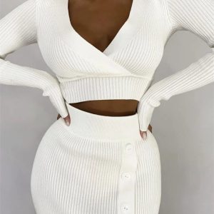 Summer New Y2K Aesthetic Two Piece Set: Casual White Crop Top & Midi Skirt Bodycon Dress