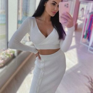 Summer New Y2K Aesthetic Two Piece Set: Casual White Crop Top & Midi Skirt Bodycon Dress