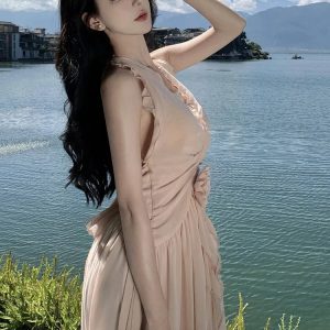 Summer Ruffled A-Line Halter Backless Dress for Women - Trendy Seaside Party Fashion