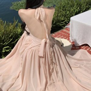 Summer Ruffled A-Line Halter Backless Dress for Women - Trendy Seaside Party Fashion