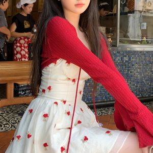 Summer Sweet Y2K Mini Dress Set: Red Knitted Cardigan & Print Sleeveless Dress Outfit