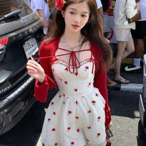 Summer Sweet Y2K Mini Dress Set: Red Knitted Cardigan & Print Sleeveless Dress Outfit