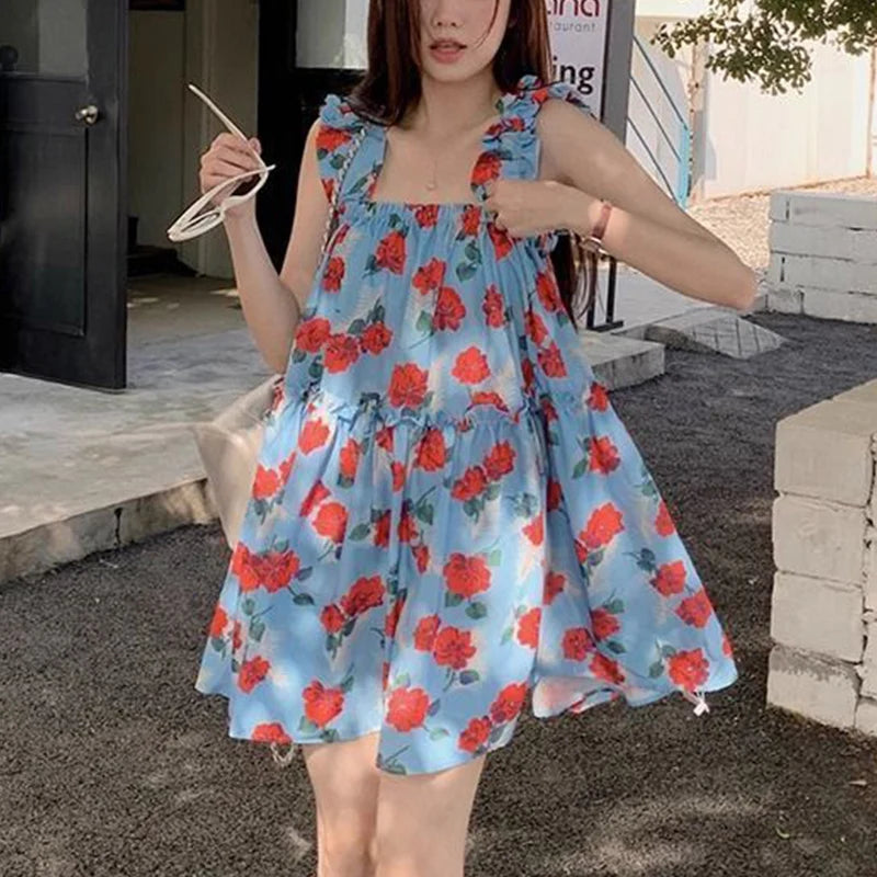 Summer Vintage Floral Print Loose Tank Dress - Elegant Sleeveless Beach Casual Robe