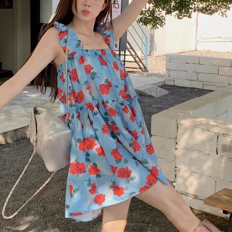 Summer Vintage Floral Print Loose Tank Dress - Elegant Sleeveless Beach Casual Robe