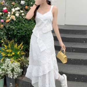 Summer White Irregular Y2K Dress - Vintage Elegant Off Shoulder Sleeveless Party Frock