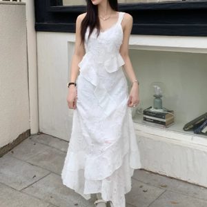 Summer White Irregular Y2K Dress - Vintage Elegant Off Shoulder Sleeveless Party Frock