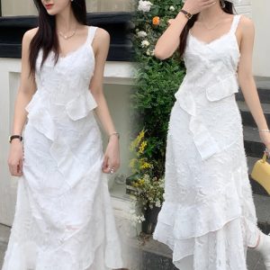 Summer White Irregular Y2K Dress - Vintage Elegant Off Shoulder Sleeveless Party Frock