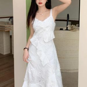 Summer White Irregular Y2K Dress - Vintage Elegant Off Shoulder Sleeveless Party Frock